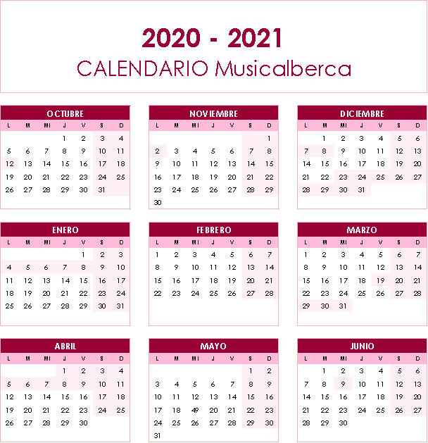 Calendario de clases de música en Musicalberca para el curso 2018-19