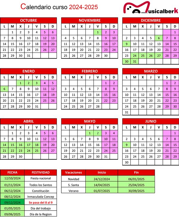 Calendario de clases de música en Musicalberca para el curso 2024-25 Imagen con el calendario de clases de música para el curso 2024-25